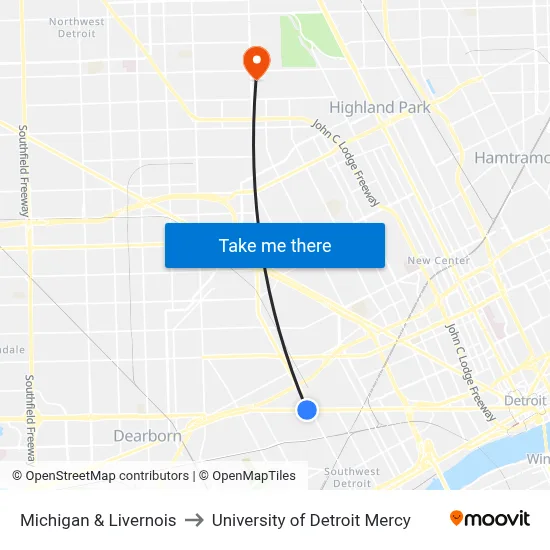 Michigan & Livernois to University of Detroit Mercy map