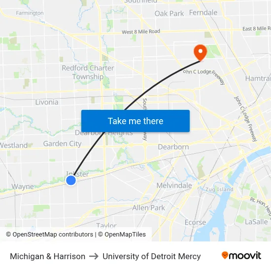Michigan & Harrison to University of Detroit Mercy map