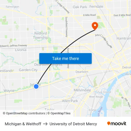 Michigan & Weithoff to University of Detroit Mercy map