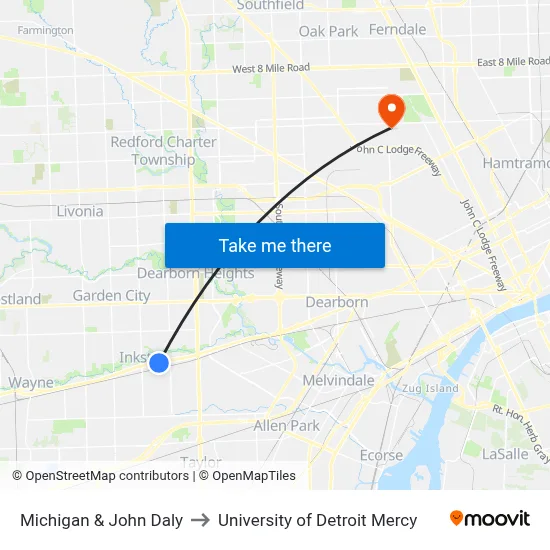 Michigan & John Daly to University of Detroit Mercy map