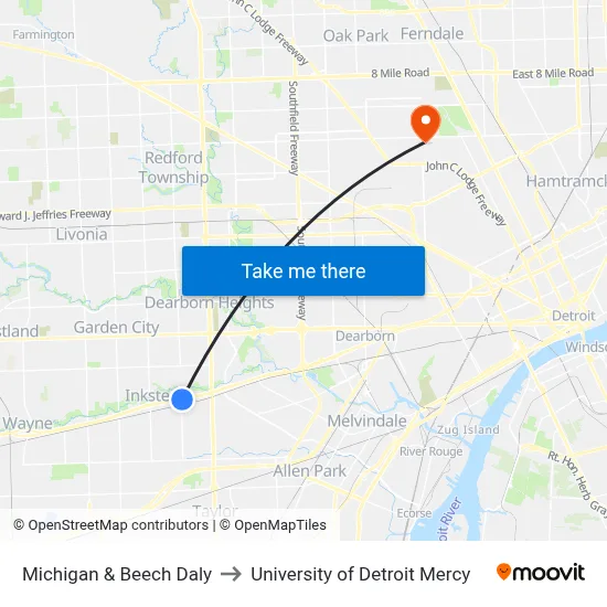 Michigan & Beech Daly to University of Detroit Mercy map