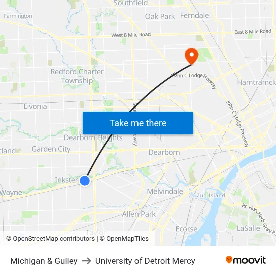 Michigan & Gulley to University of Detroit Mercy map