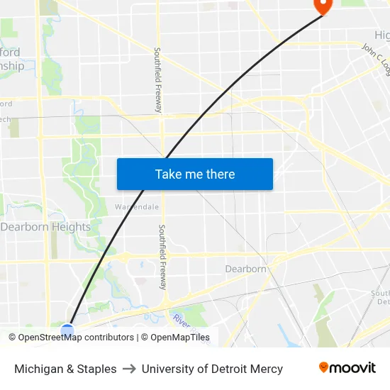 Michigan & Staples to University of Detroit Mercy map