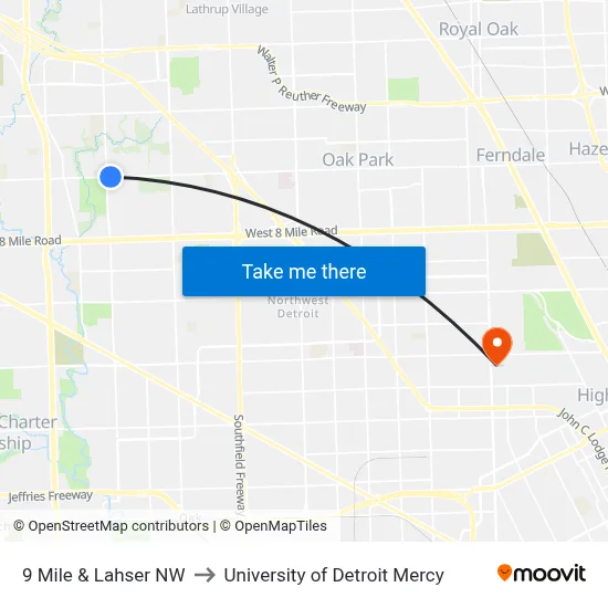 9 Mile & Lahser NW to University of Detroit Mercy map