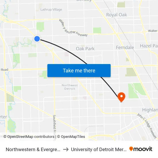 Northwestern & Evergreen to University of Detroit Mercy map