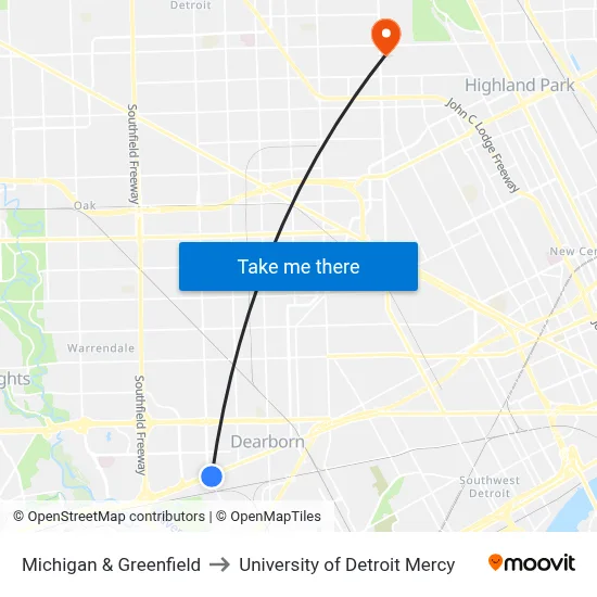 Michigan & Greenfield to University of Detroit Mercy map