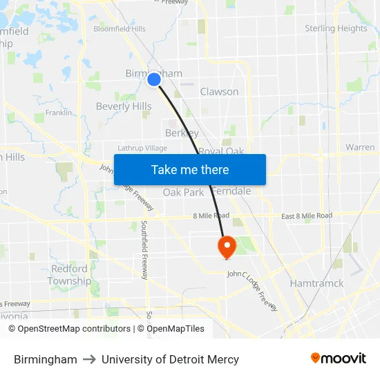 Birmingham to University of Detroit Mercy map