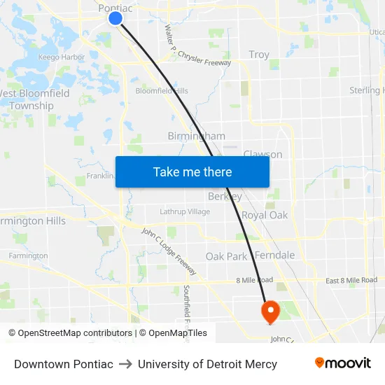 Downtown Pontiac to University of Detroit Mercy map