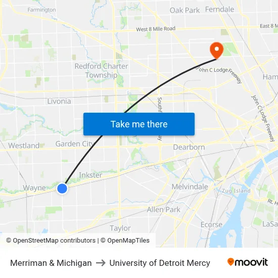 Merriman & Michigan to University of Detroit Mercy map