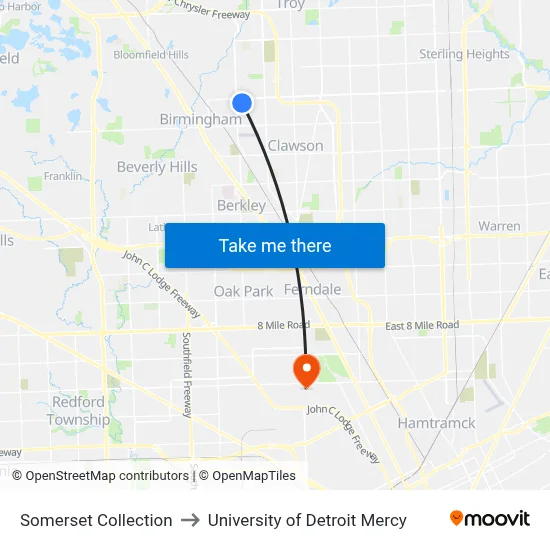 Somerset Collection to University of Detroit Mercy map