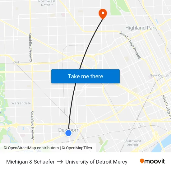 Michigan & Schaefer to University of Detroit Mercy map