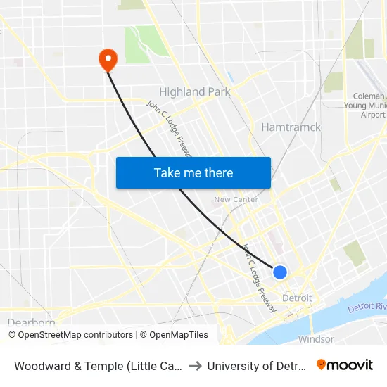 Woodward & Temple (Little Caesars Arena) to University of Detroit Mercy map