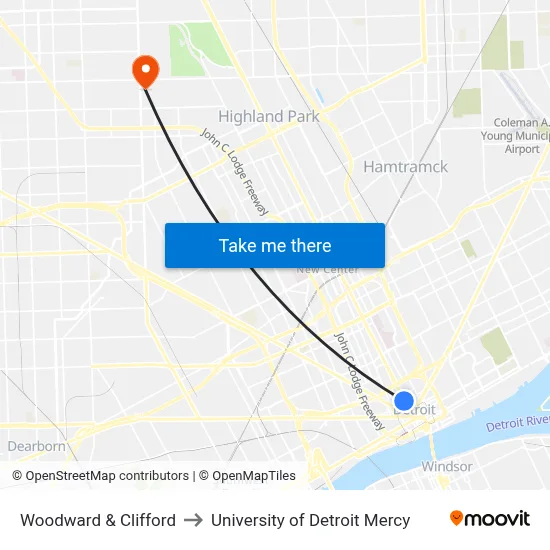 Woodward & Clifford to University of Detroit Mercy map