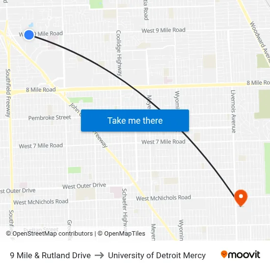 9 Mile & Rutland Drive to University of Detroit Mercy map