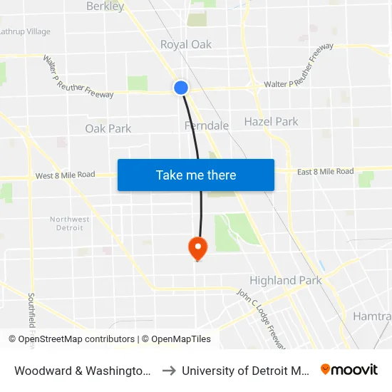 Woodward & Washington Sb to University of Detroit Mercy map