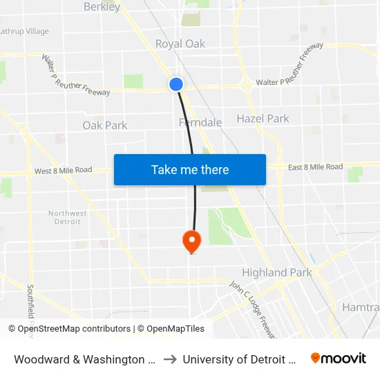 Woodward & Washington (Zoo) to University of Detroit Mercy map
