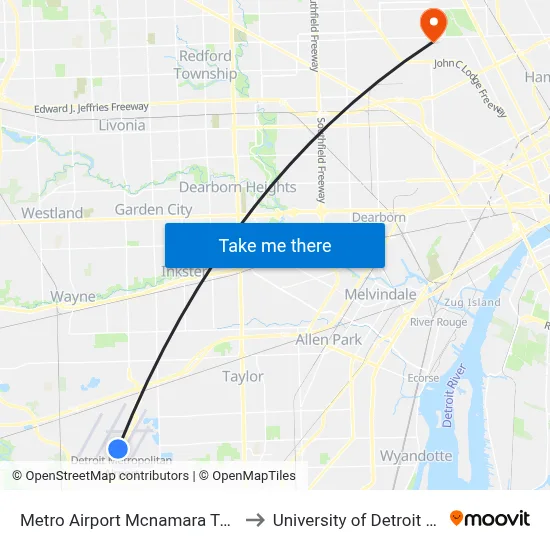 Metro Airport Mcnamara Terminal to University of Detroit Mercy map