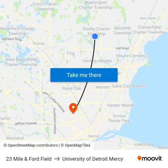 23 Mile & Ford Field to University of Detroit Mercy map