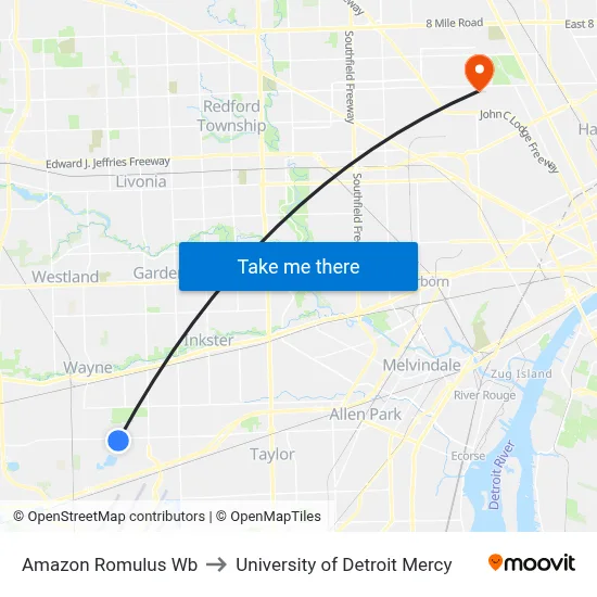 Amazon Romulus Wb to University of Detroit Mercy map