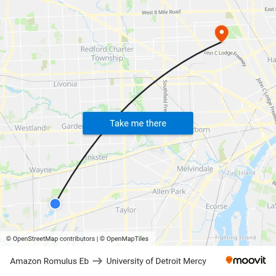 Amazon Romulus Eb to University of Detroit Mercy map