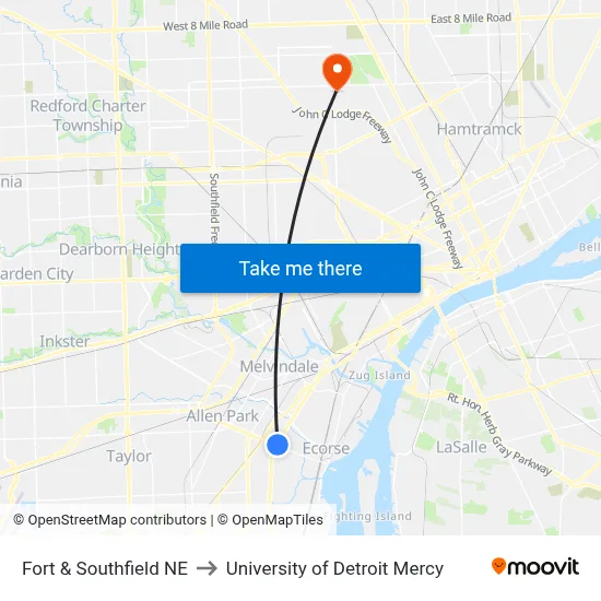 Fort & Southfield NE to University of Detroit Mercy map