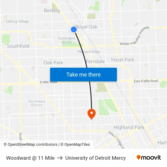 Woodward @ 11 Mile to University of Detroit Mercy map
