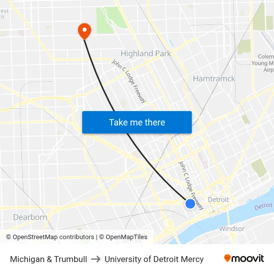 Michigan & Trumbull to University of Detroit Mercy map