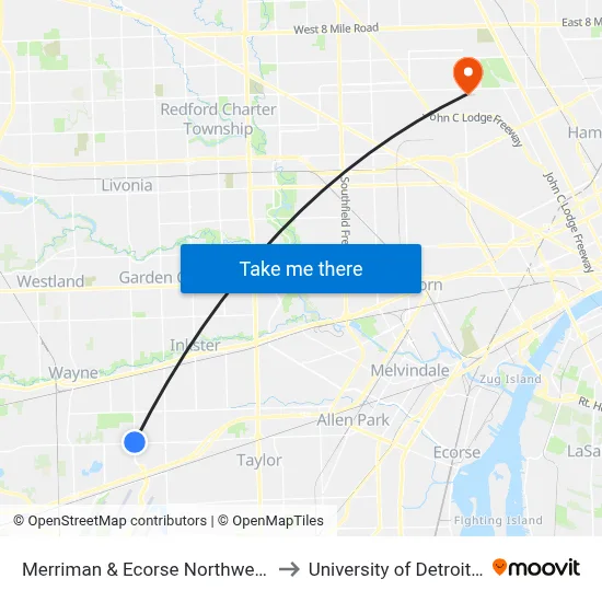 Merriman & Ecorse Northwest Corner to University of Detroit Mercy map