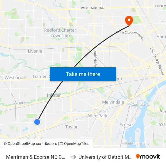 Merriman & Ecorse NE Corner to University of Detroit Mercy map