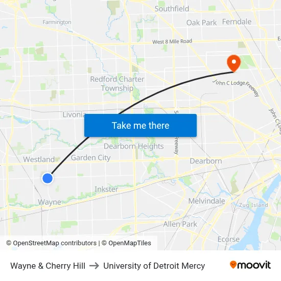 Wayne & Cherry Hill to University of Detroit Mercy map
