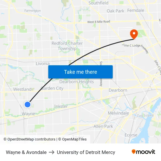 Wayne & Avondale to University of Detroit Mercy map