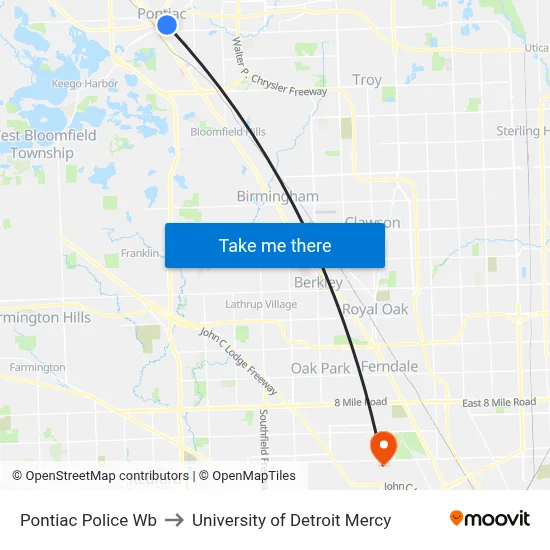 Pontiac Police Wb to University of Detroit Mercy map