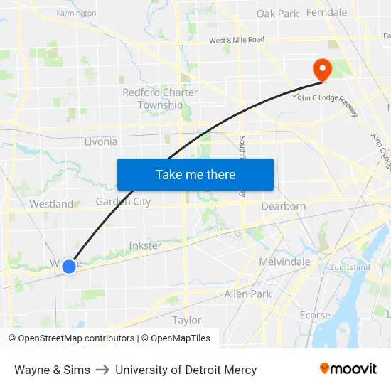 Wayne & Sims to University of Detroit Mercy map