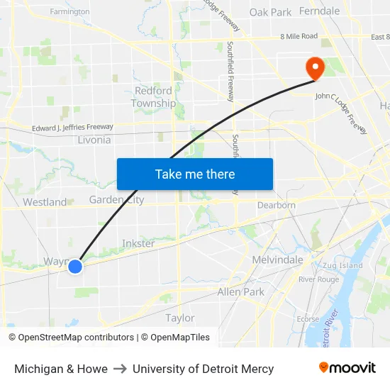 Michigan & Howe to University of Detroit Mercy map