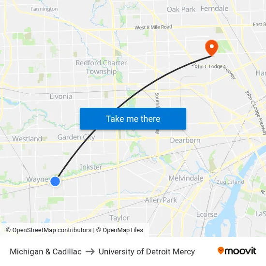 Michigan & Cadillac to University of Detroit Mercy map