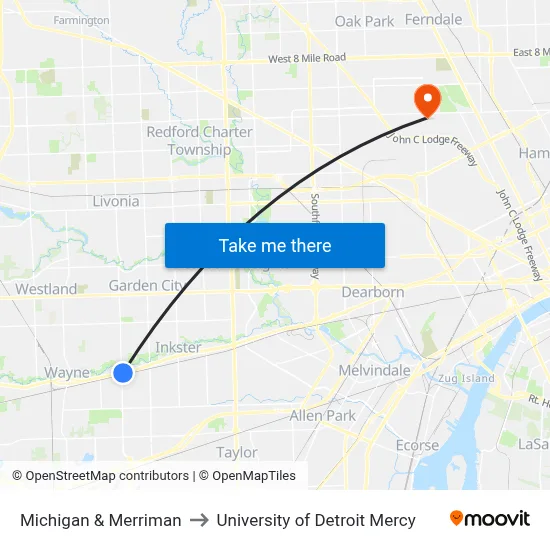 Michigan & Merriman to University of Detroit Mercy map