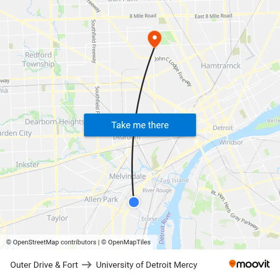 Outer Drive & Fort to University of Detroit Mercy map