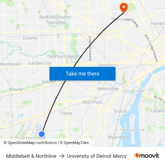 Middlebelt & Northline to University of Detroit Mercy map