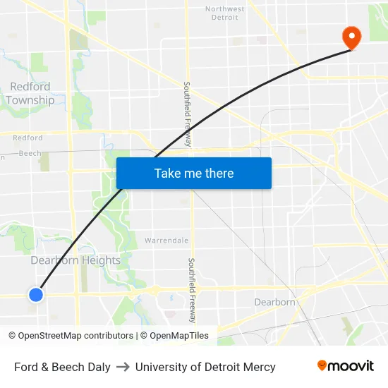 Ford & Beech Daly to University of Detroit Mercy map