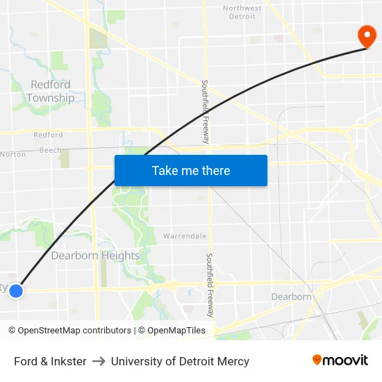 Ford & Inkster to University of Detroit Mercy map