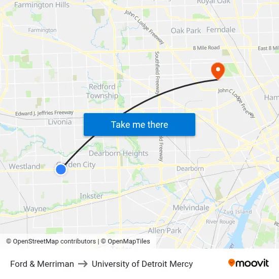 Ford & Merriman to University of Detroit Mercy map