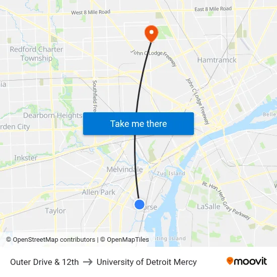 Outer Drive & 12th to University of Detroit Mercy map