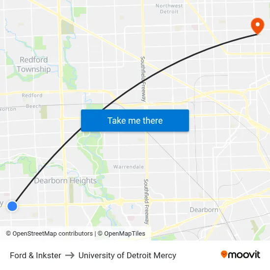 Ford & Inkster to University of Detroit Mercy map
