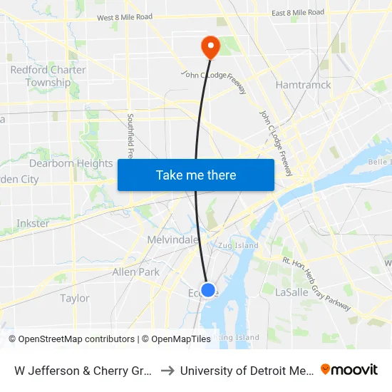 W Jefferson & Cherry Grove to University of Detroit Mercy map