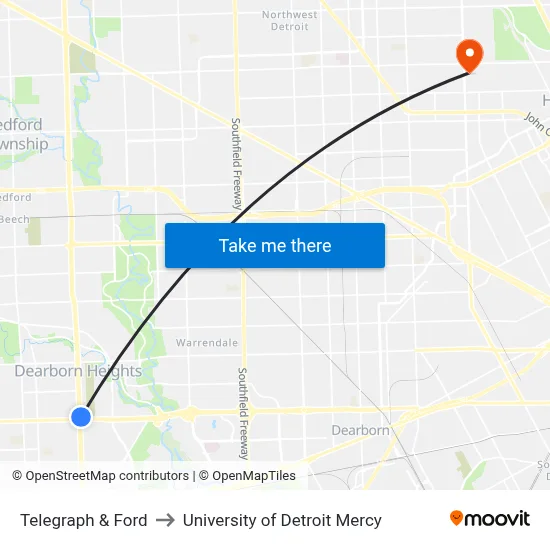 Telegraph & Ford to University of Detroit Mercy map