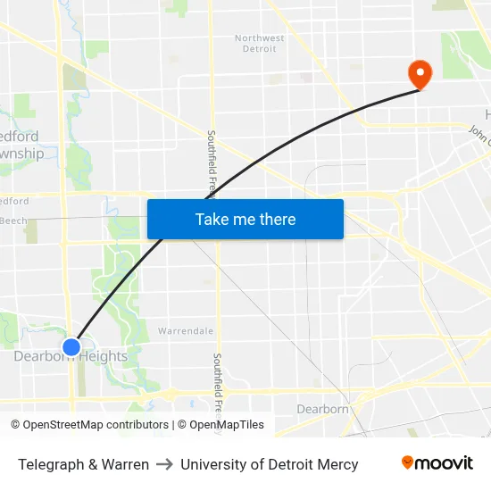 Telegraph & Warren to University of Detroit Mercy map