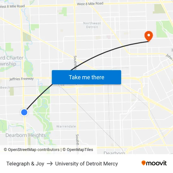 Telegraph & Joy to University of Detroit Mercy map