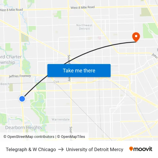 Telegraph & W Chicago to University of Detroit Mercy map