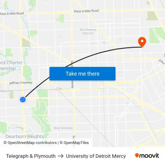 Telegraph & Plymouth to University of Detroit Mercy map