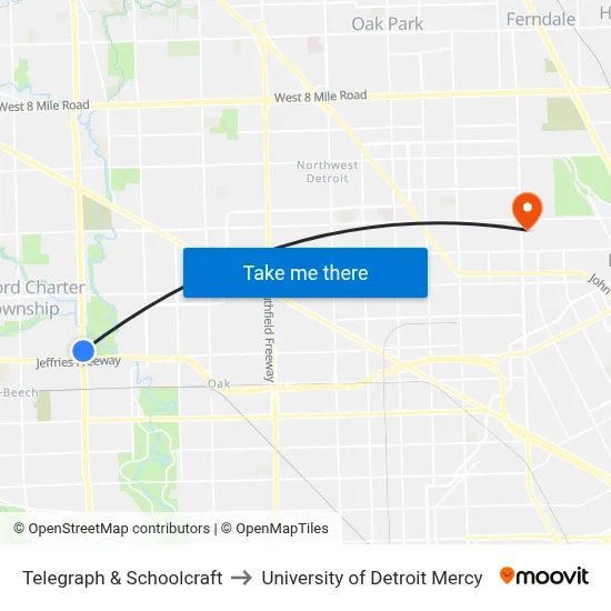 Telegraph & Schoolcraft to University of Detroit Mercy map